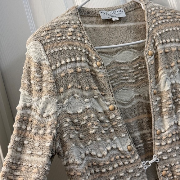 ST JOHN Collection Knit Cardigan Beige White Textured Beaded M Quiet Luxury - Picture 6 of 9
